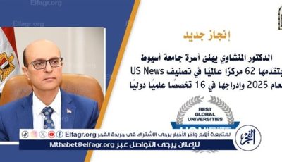 المنشاوي يعلن عن تقدم جامعة أسيوط 62 مركزًا عالميًا في تصنيف US News لعام 2025 وإدراجها في 16 تخصصًا علميًا دوليًا